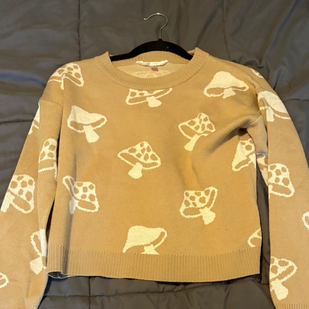 No Boundaries Tan Sweater with Mushroom Design